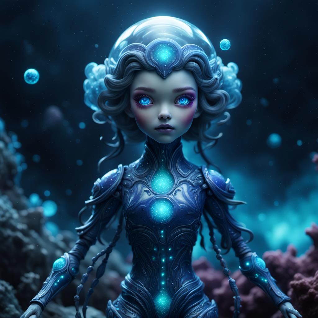 Bioluminescent Nebula Porcelain Doll: Detailed Fantasy Art