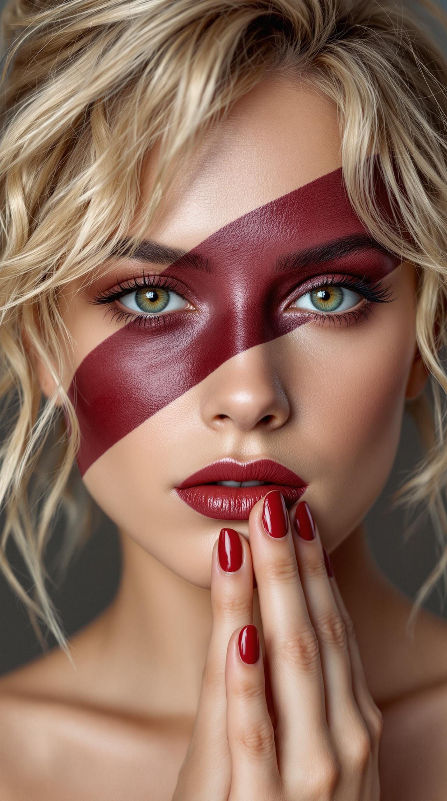 Vibrant Portrait of a Woman with Maroon Stripe and Piercing....