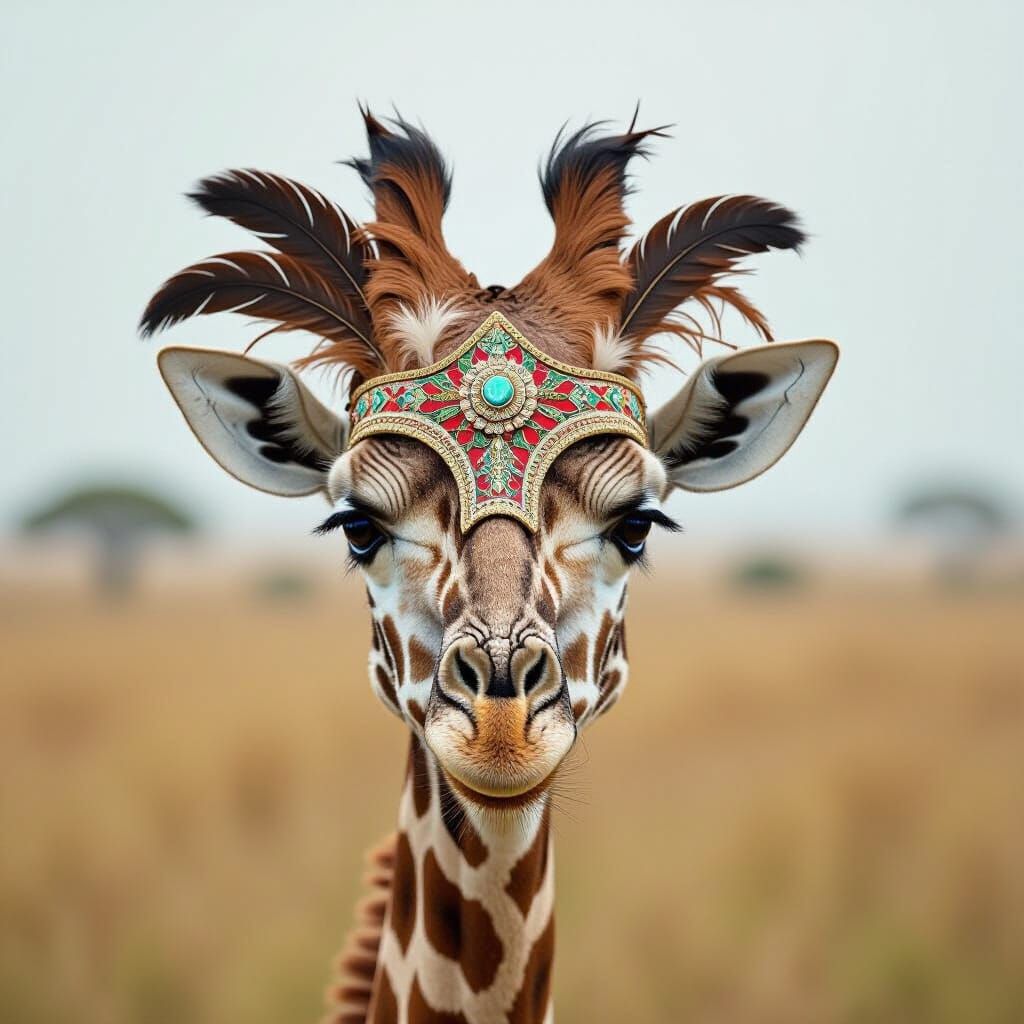 Giraffe in Feathered Mask: Cinematic Portrait