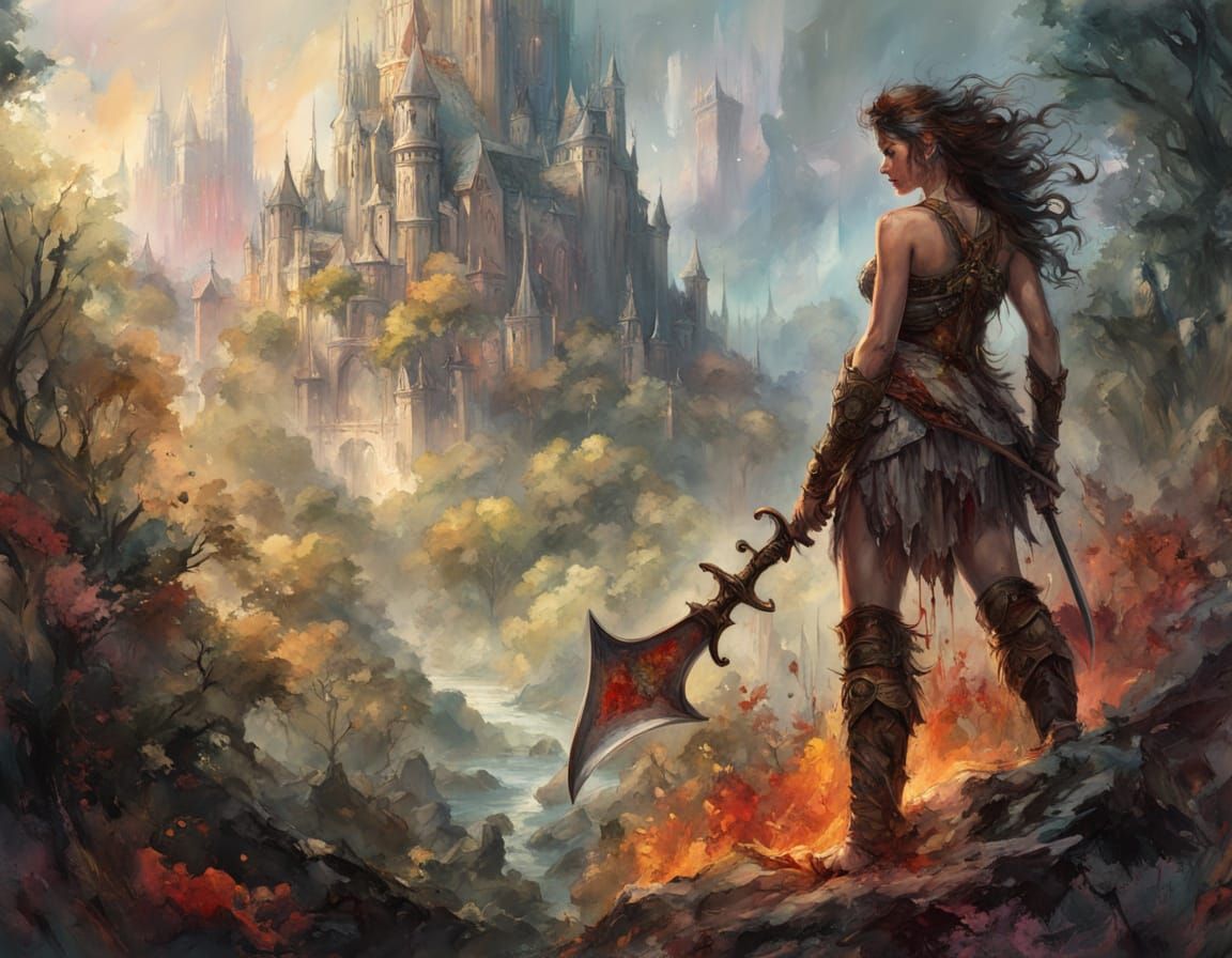 Amazon Warrior with Bloody Axe: Fantasy Art