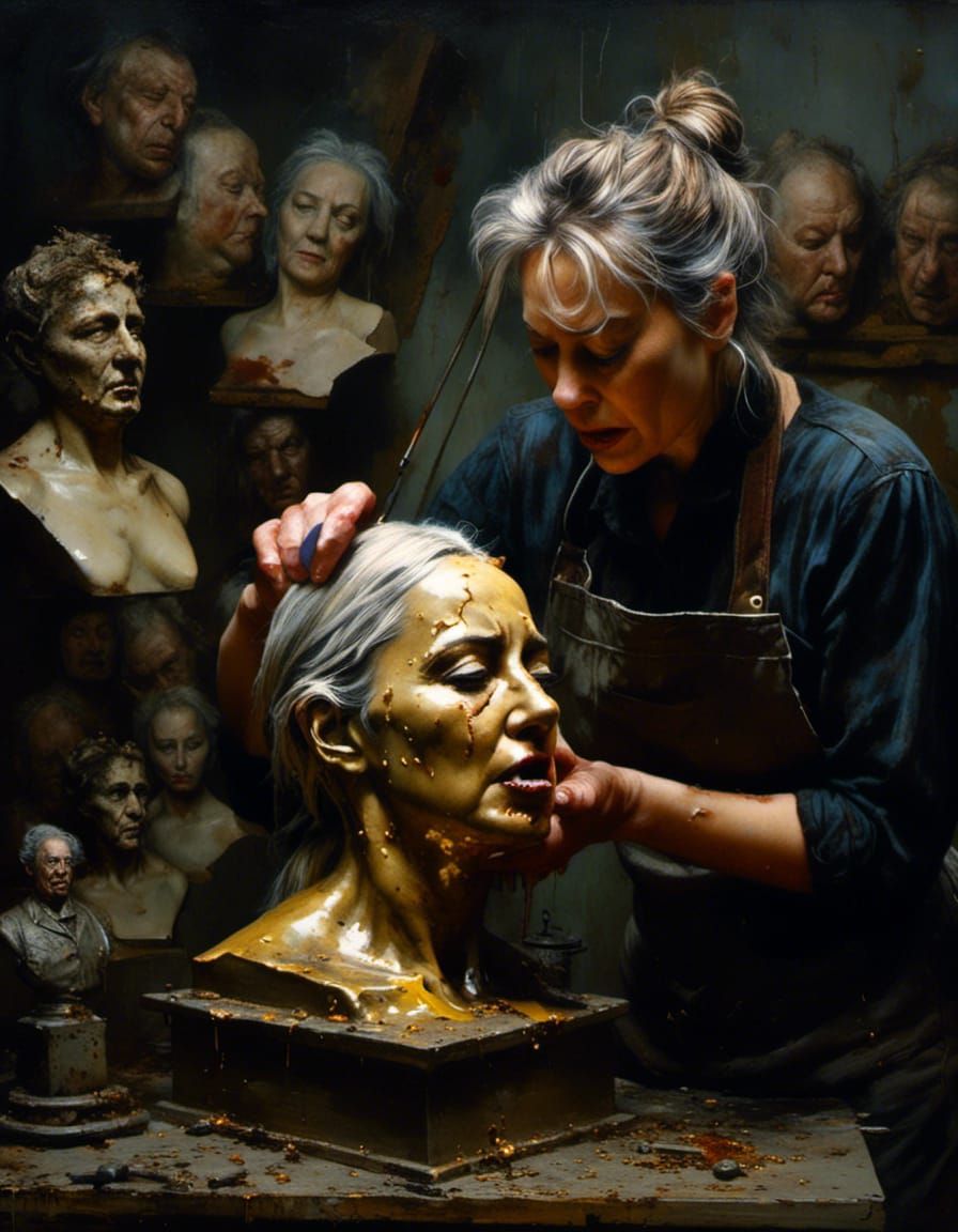 Crazed Sculptor's Dark Studio: Oil Painting Bust