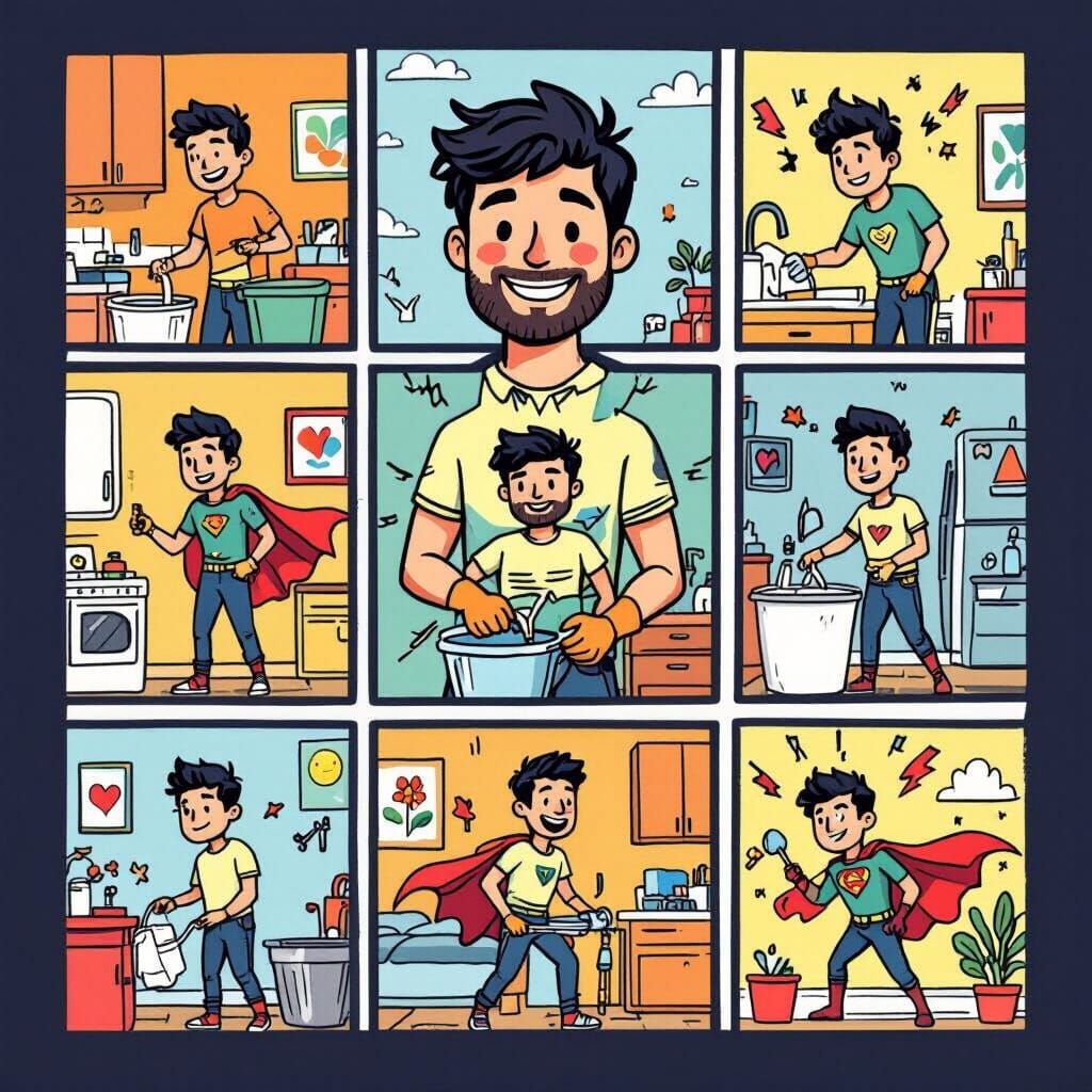 Superhero Housework: A Playful Cartoon Comic Strip
