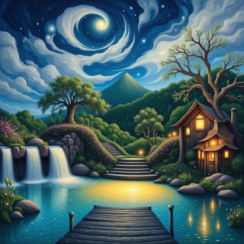 Ethereal Secret Garden with Waterfall in Anime Style