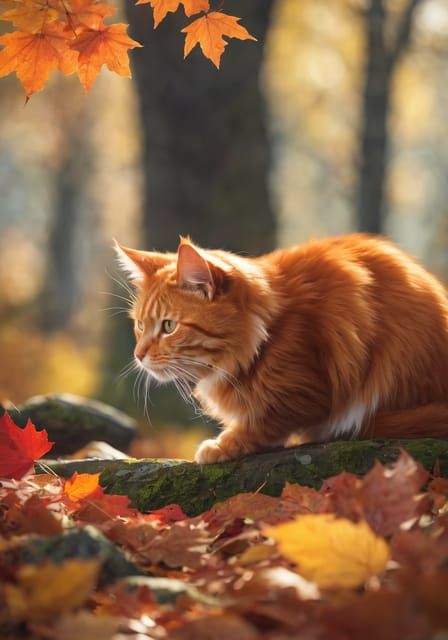 Autumn Cat Amidst Colorful Fall Foliage