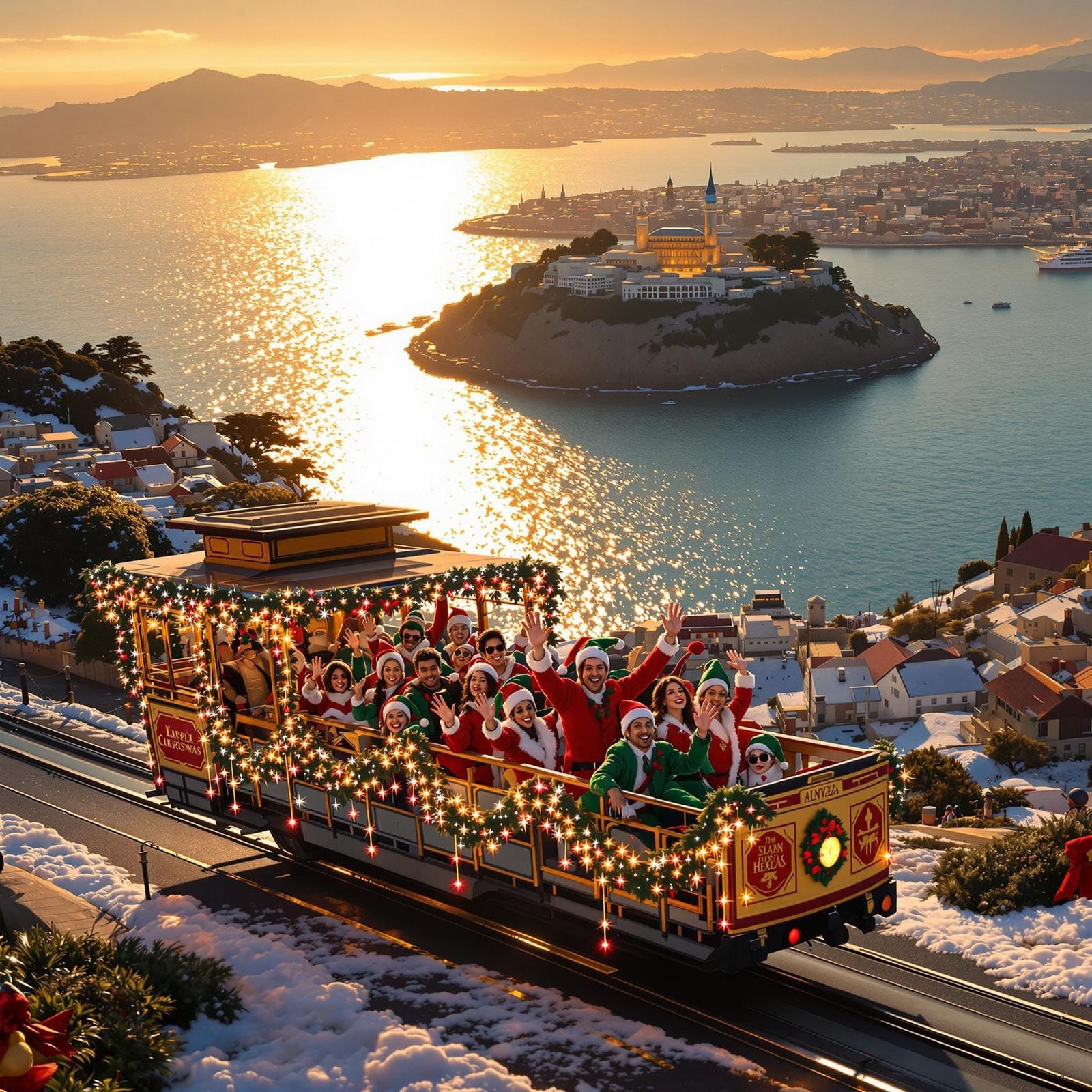 Christmas Cable Car to Alcatraz: Festive Digital Painting