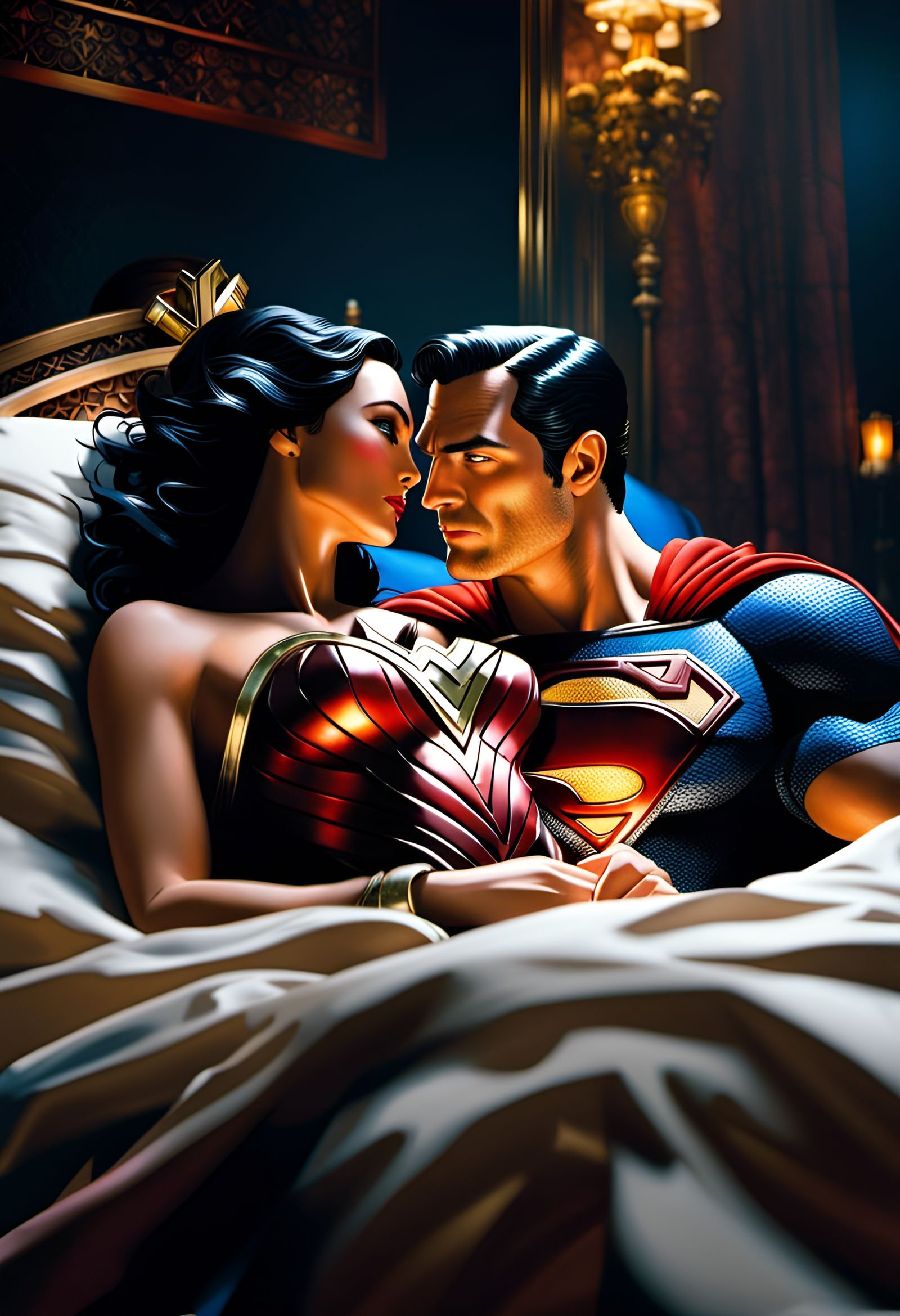 Superman and Wonder Woman: Epic Embrace in Bed
