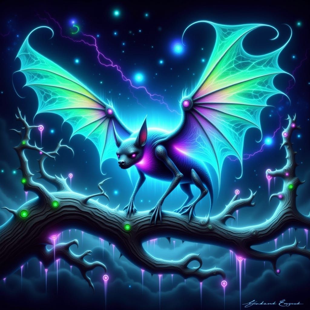 Electric Blue Bat Illuminated in Mystical Arcadia