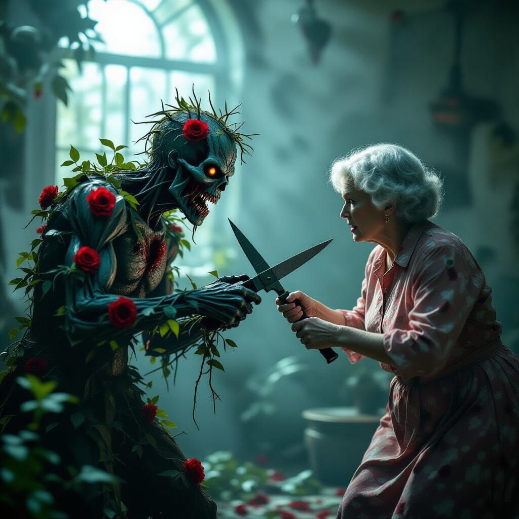 Rose Zombie Battles Old Lady with Pruning Shears