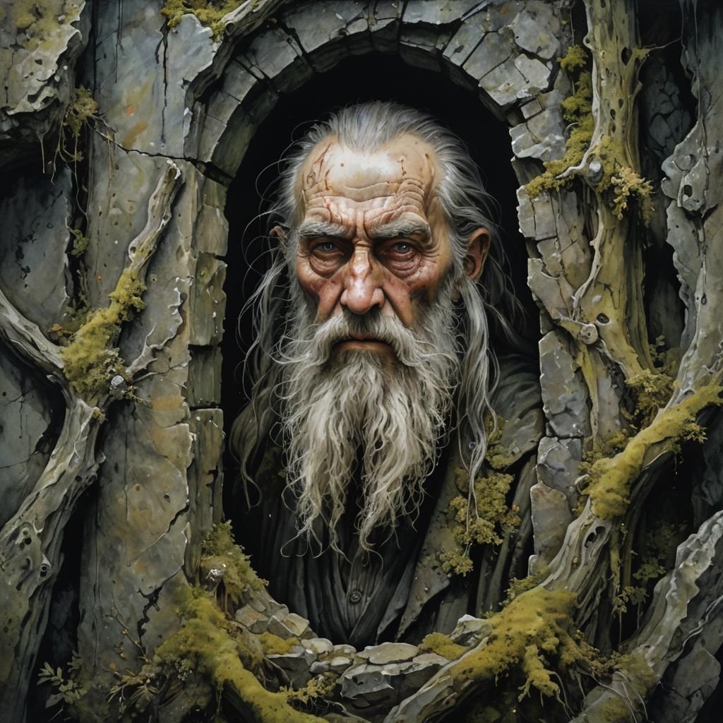 Creepy Old Man in Stone Cell, Watercolour Horror