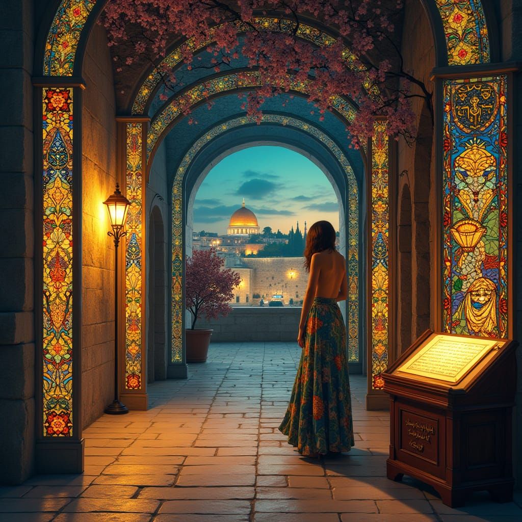 Magical Jerusalem Nighttime Scene in Vibrant Stained Glass S...