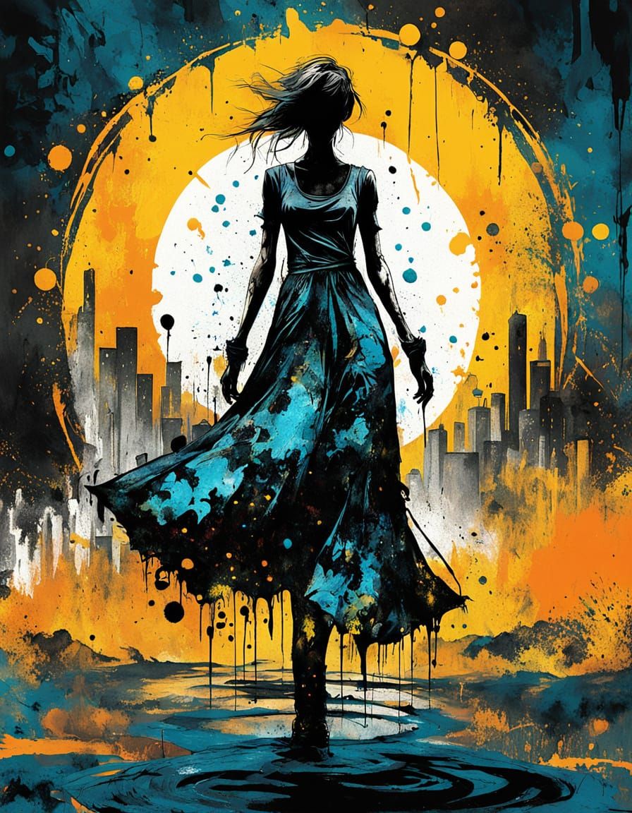 Abstract Woman in Neon Paint Dress, Cyberpunk Art