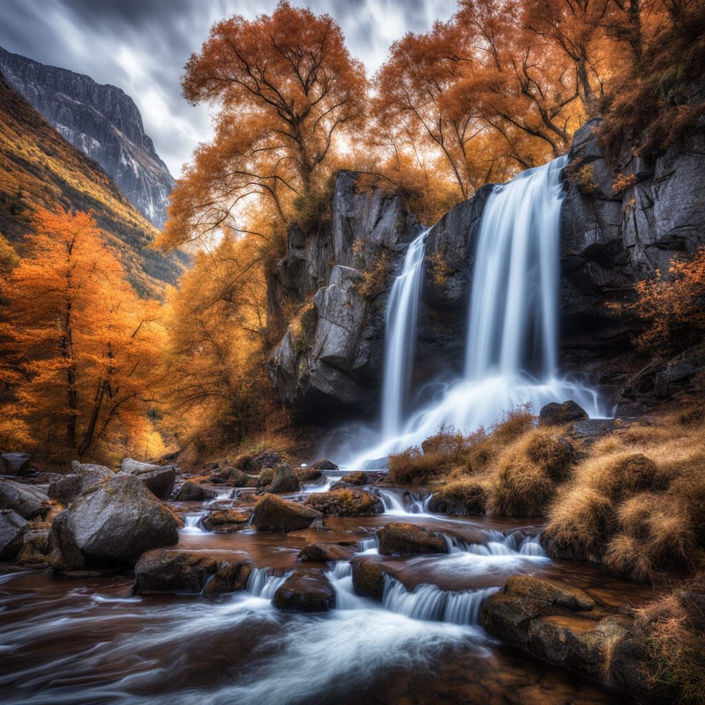 a waterfall in the mountains during autumn 42