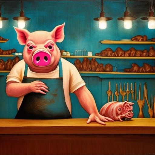 Butcher Pig in Apron: Surreal Oil Painting