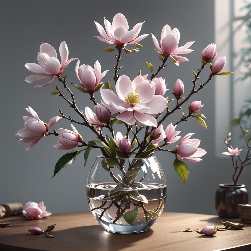 Magnolia in Vase: 3D Anime Art