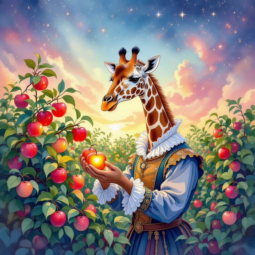 Renaissance Giraffe in Enchanted Orchard, Watercolor Style