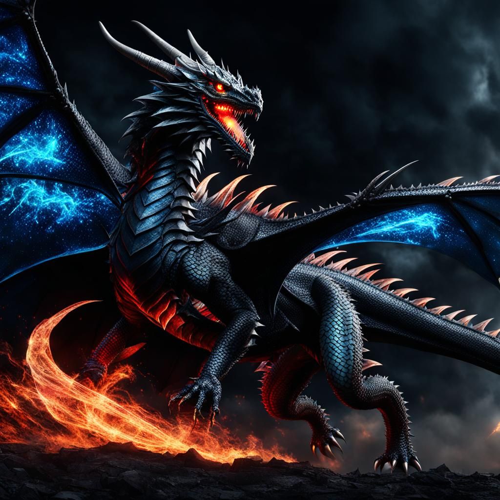 Armored Dragon with Blue Wings in Dark Fire Sky
