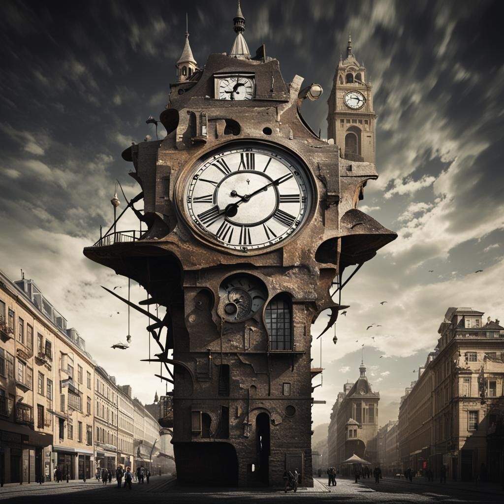 Distorted Clock Tower in a Warped Cityscape