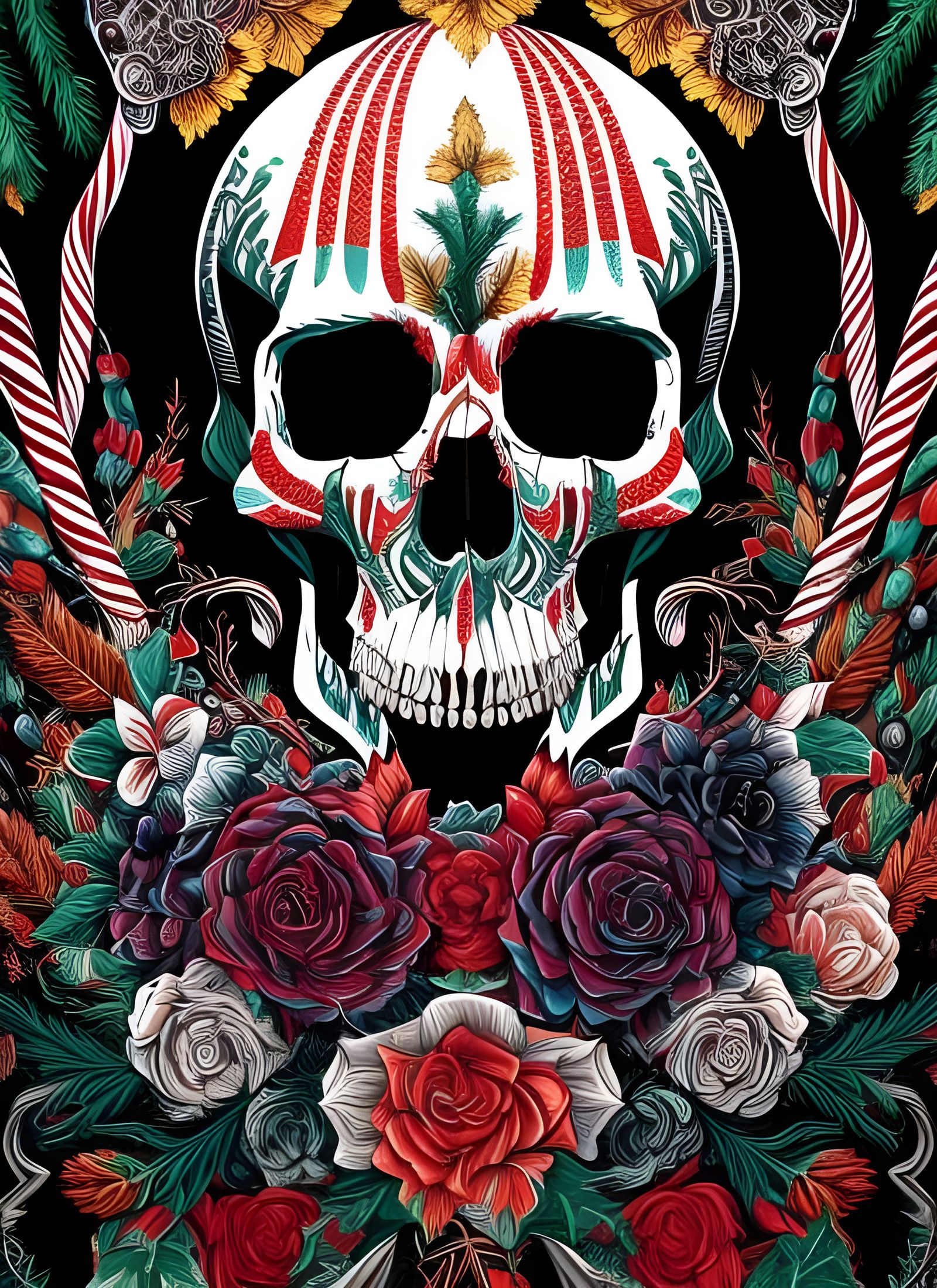 Candy Cane Skull & Roses