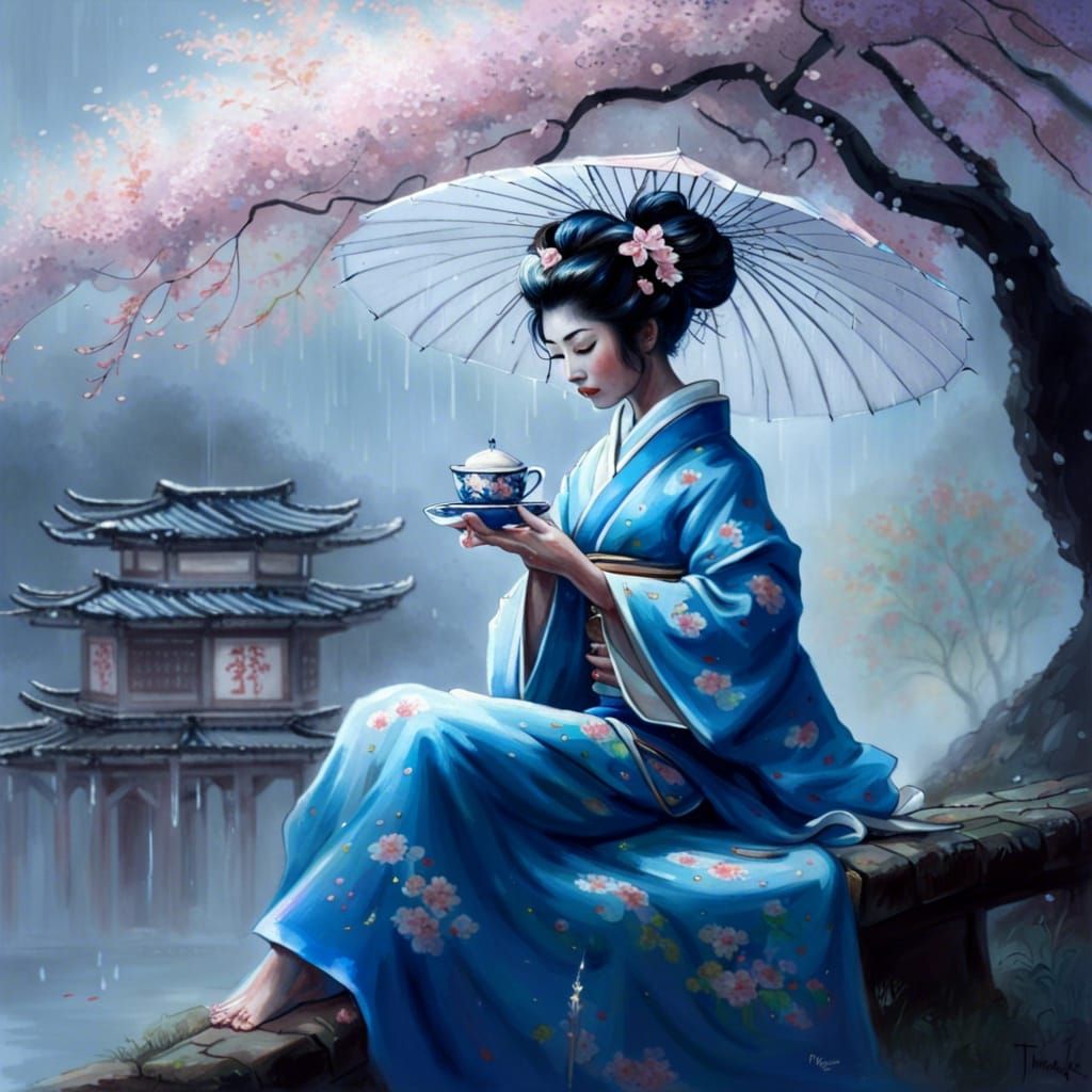 Geisha Under Cherry Blossoms: Ethereal Fantasy Art