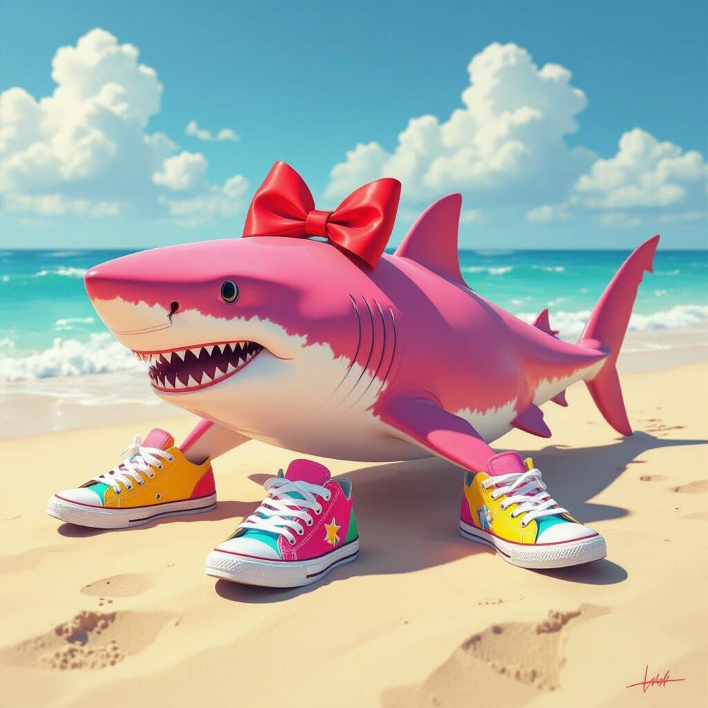 Pink Shark with Legs & Sneakers on Beach