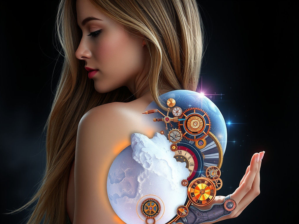 Steampunk Woman with Lunar Arm in Cyberpunk Style