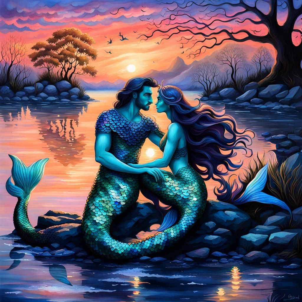 Twilight Embrace: Mermaid and Merman Lovers