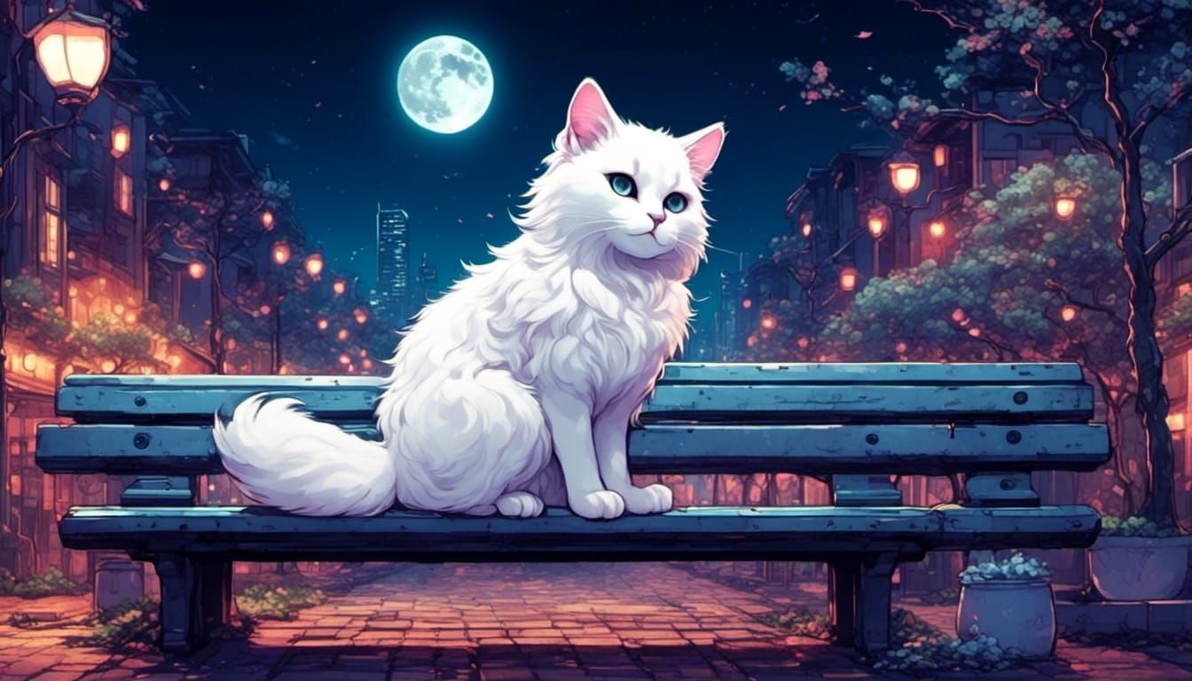 <lora:Synthwave stuff:1.0> a fluffy white  chibi cat at nigh...