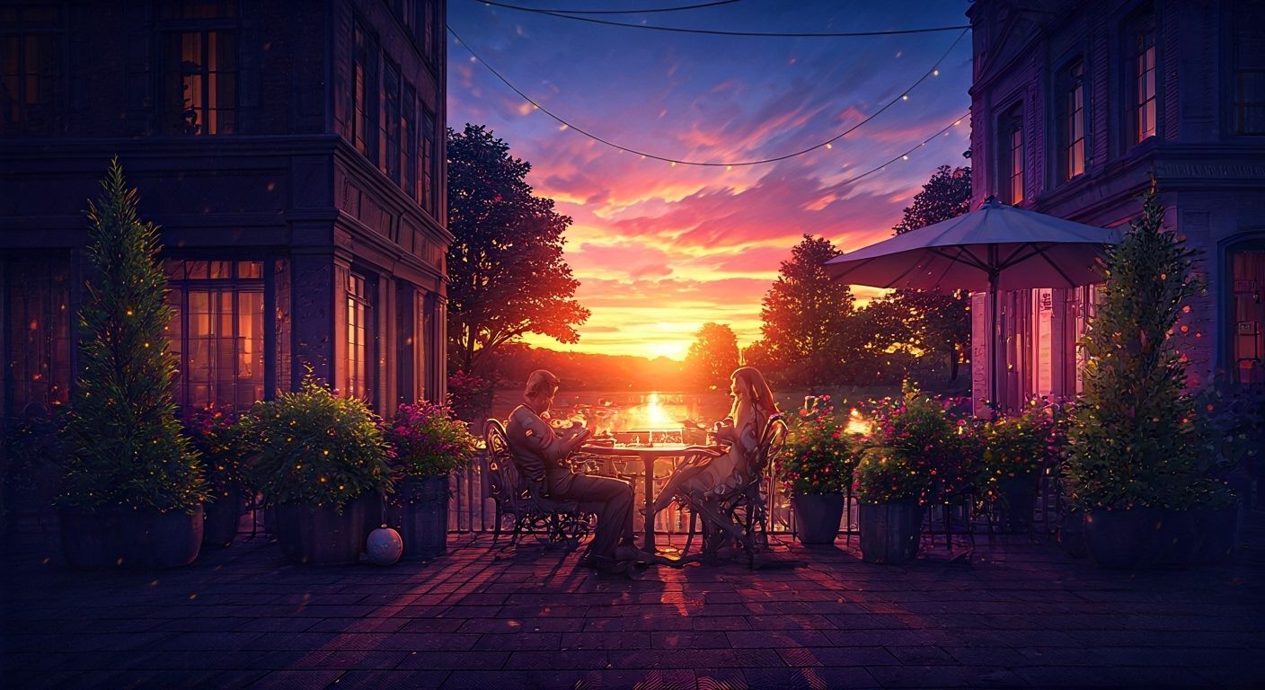 Enchanted Cafe at Sunset with Mystical Fireflies