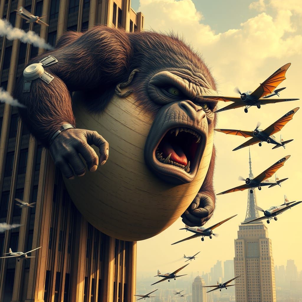 Surreal Cityscape of Giant Egg Gorilla in Epic Dogfight