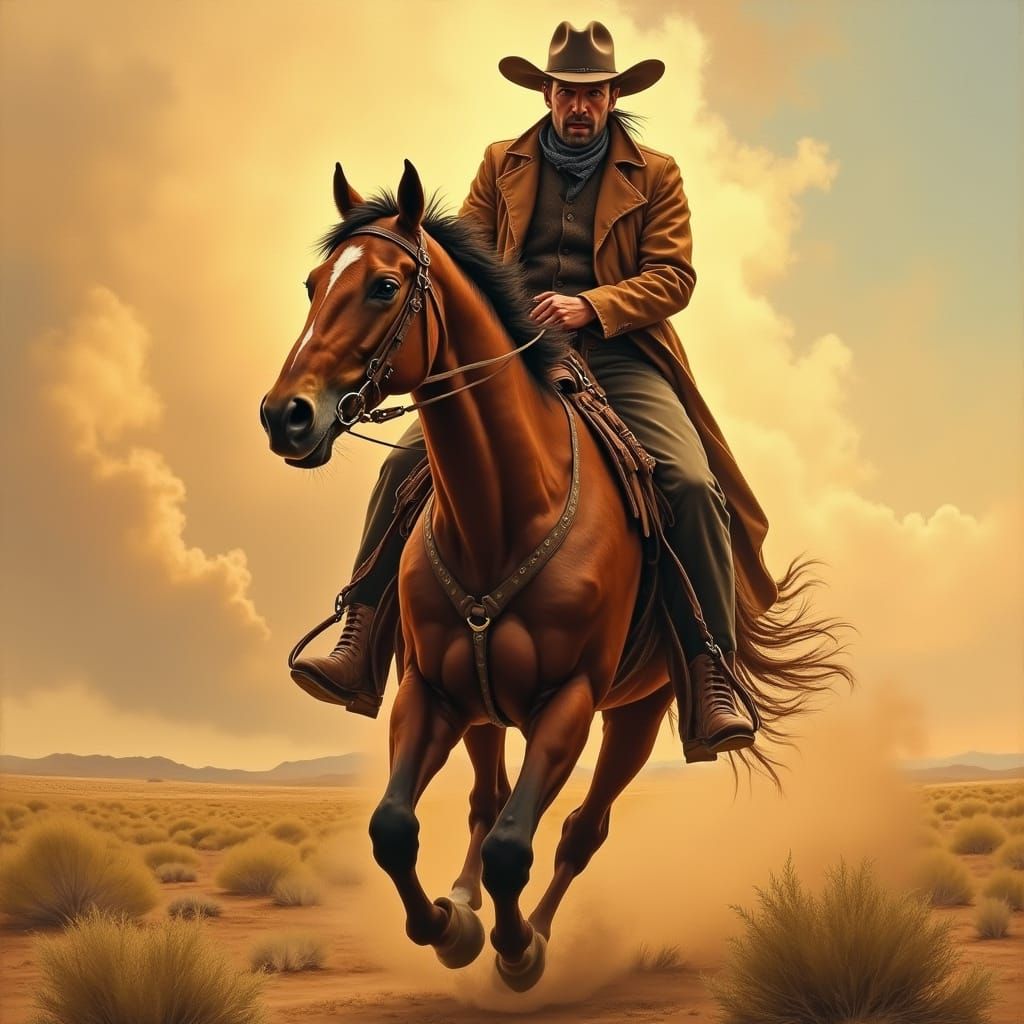 Cowboy on Plains in Oil Painting Style