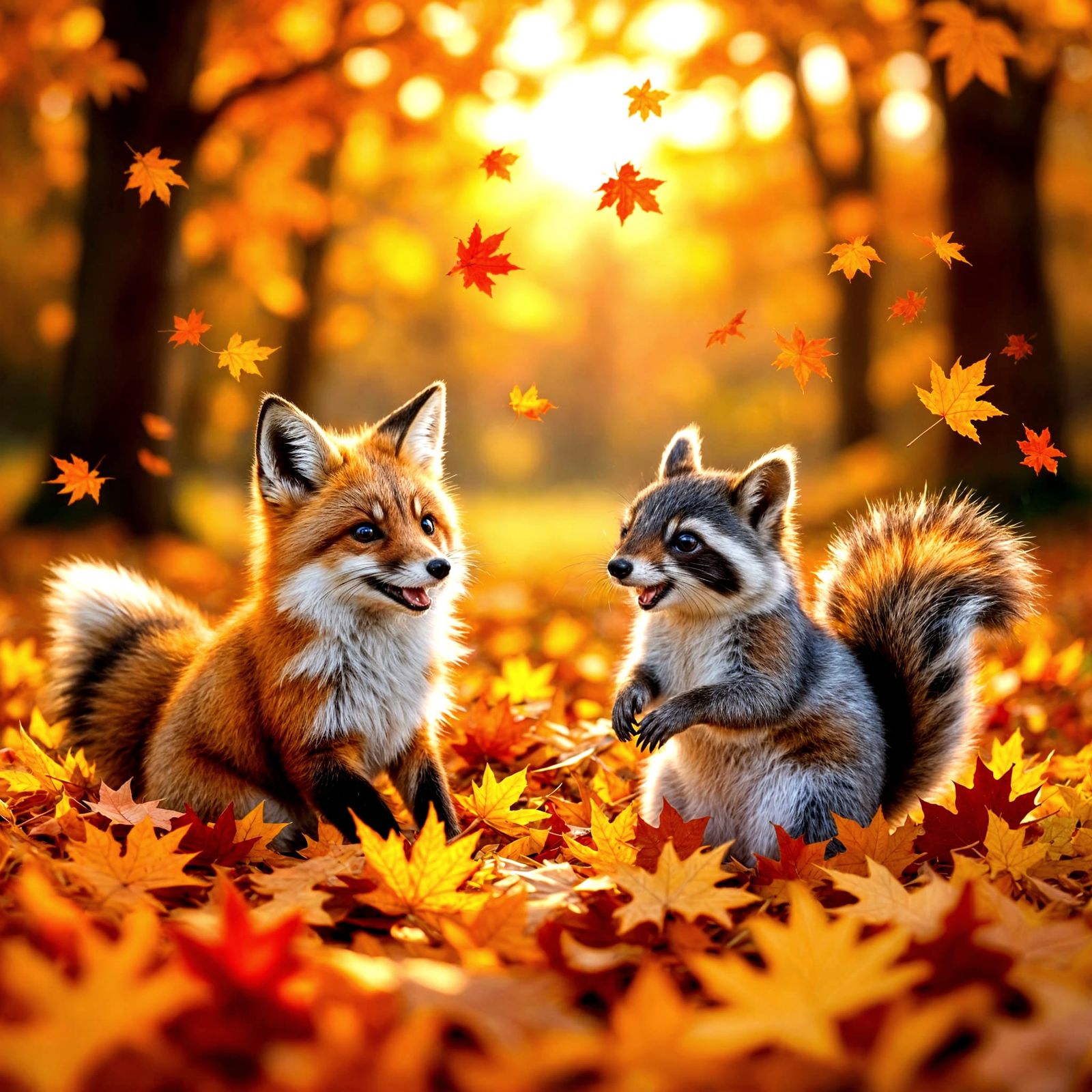Cute Animals Playing in Autumn Leaves
