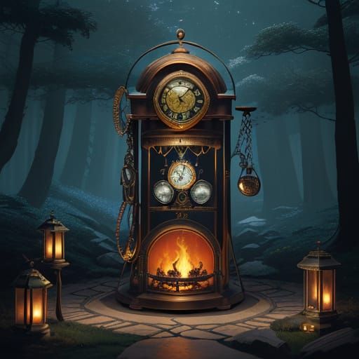 Steampunk Campsite Under Moonlit Forest Canopy