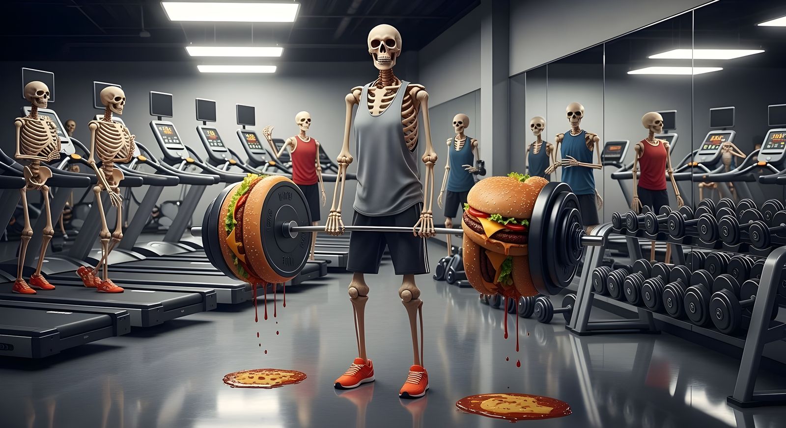 Skeleton Gym: Burger Barbell Workout in Hyperreal Style