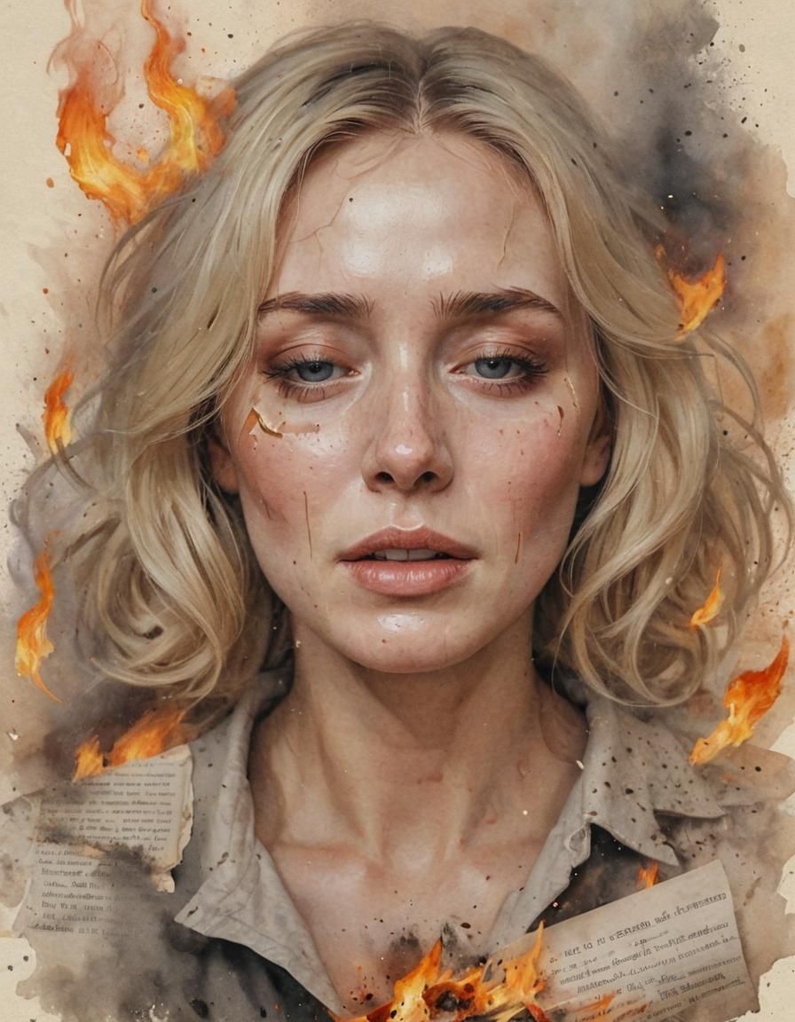 Emotional Portrait of Woman with Burning Letters