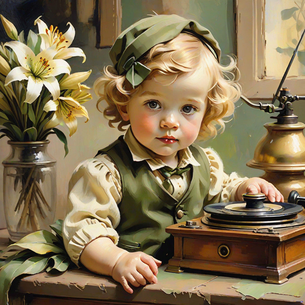 Adorable 1920s Baby in Elegant Oil Painting