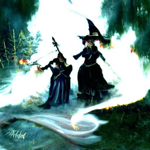 Ethereal White Witches Conjure Fire in Fantasy Landscape