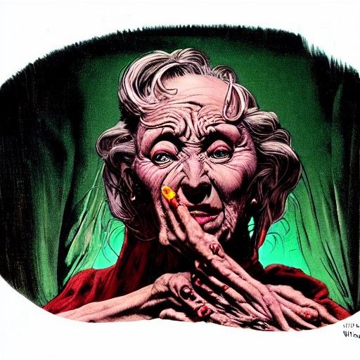 Hyperrealistic Old Hag in Dark Bedroom, by Wrightson