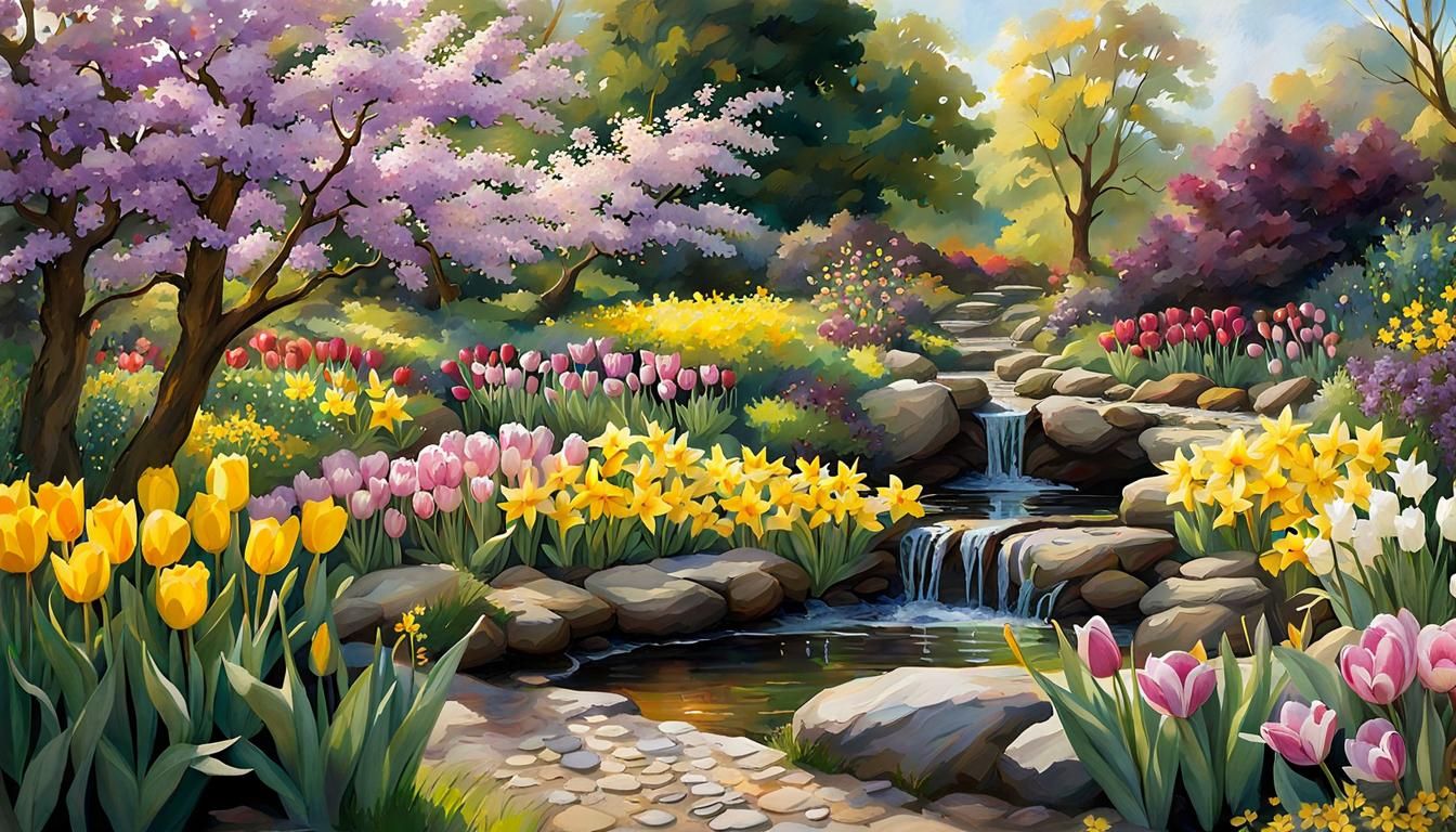 Lush Spring Garden Watercolor Painting