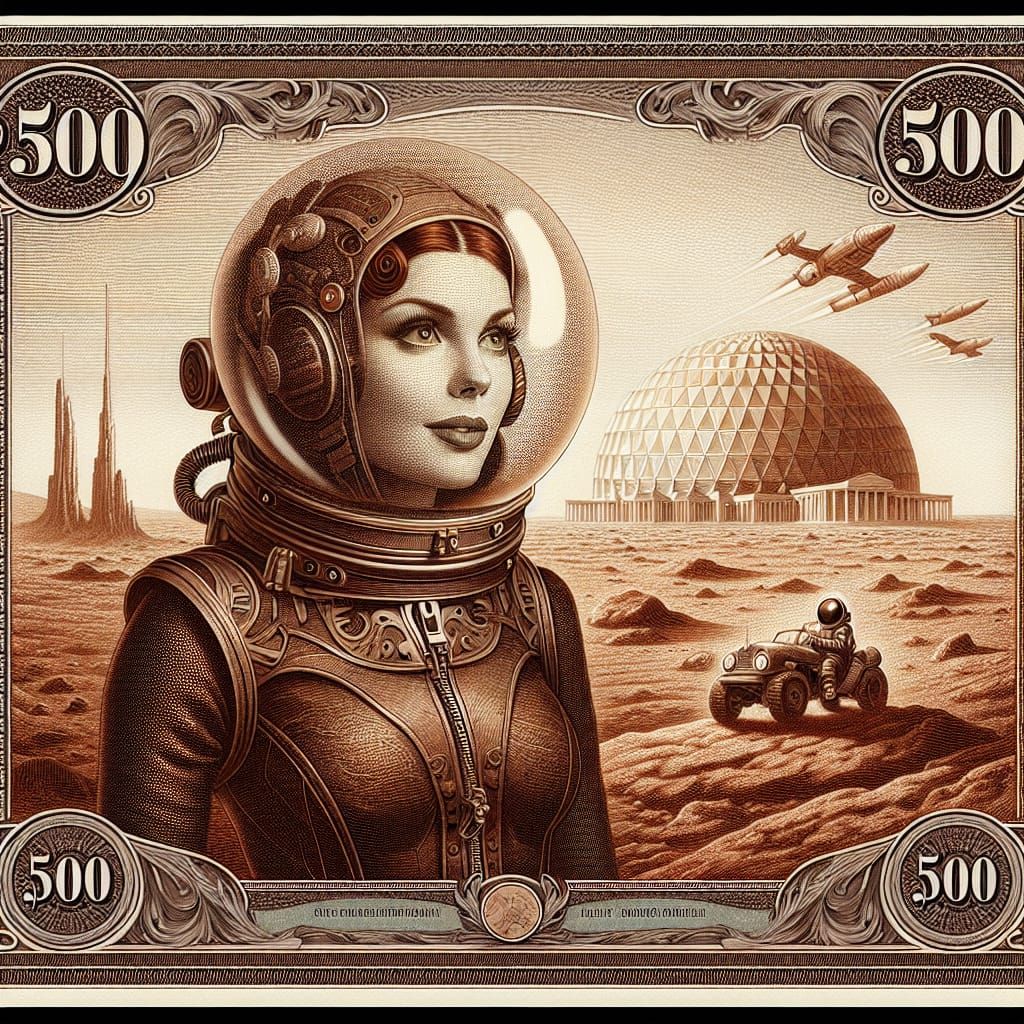 Mars Colony Banknote with Retro-Futuristic Portrait