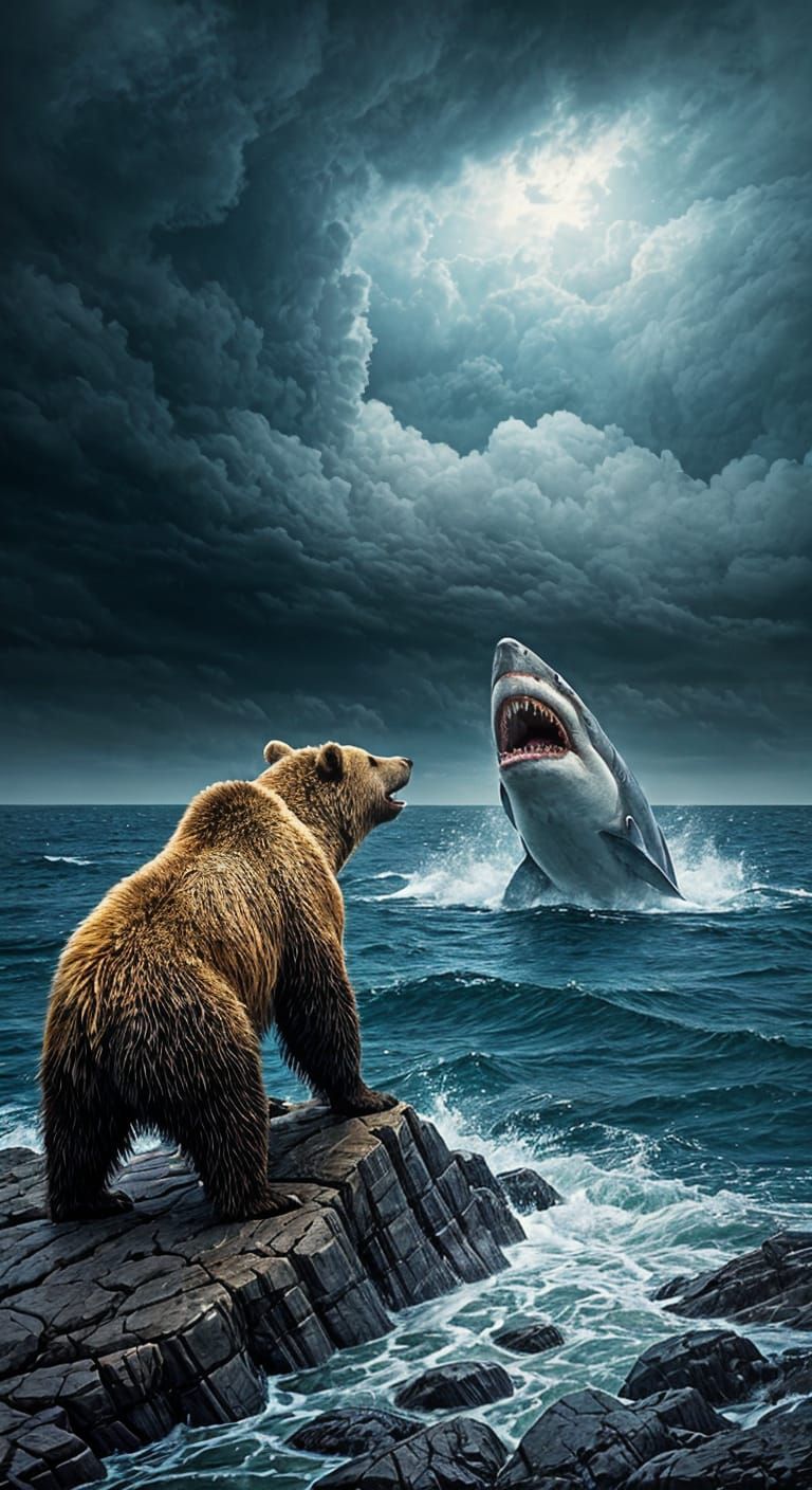 Dramatic Bear and Shark Stare-Down on Rocky Shore