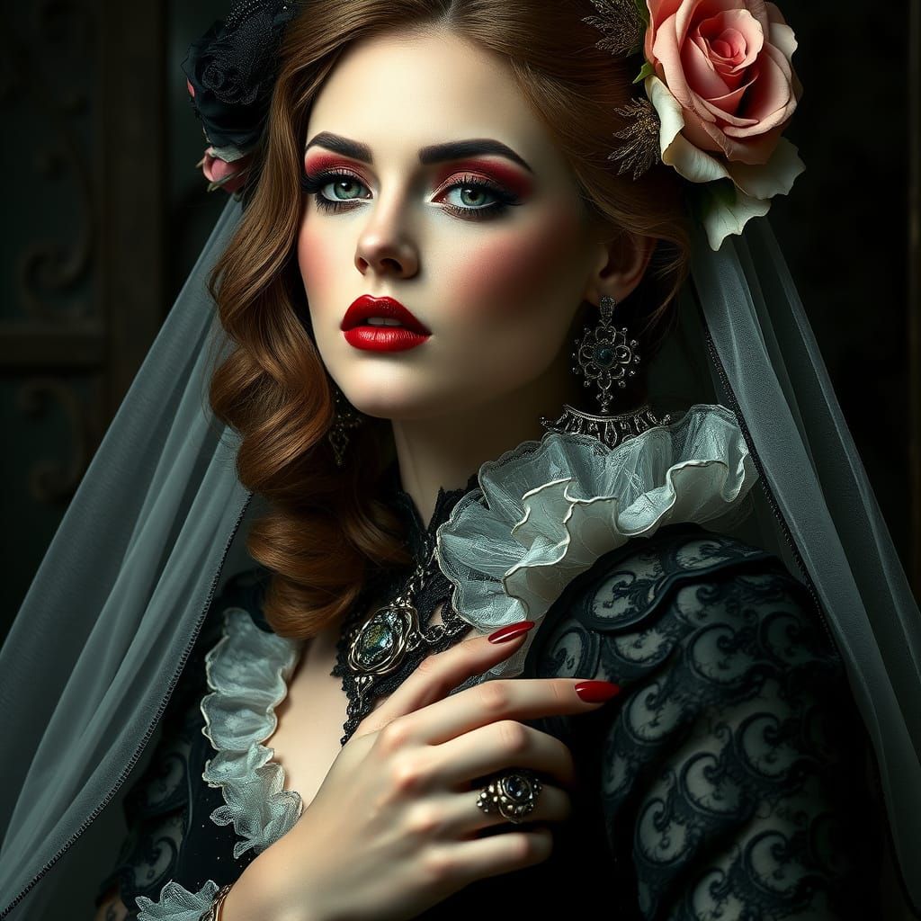 Baroque Gothic Woman with Lace and Roses