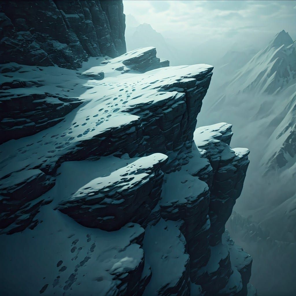 Snowy Cliffside Struggle in Cinematic Matte Painting Style
