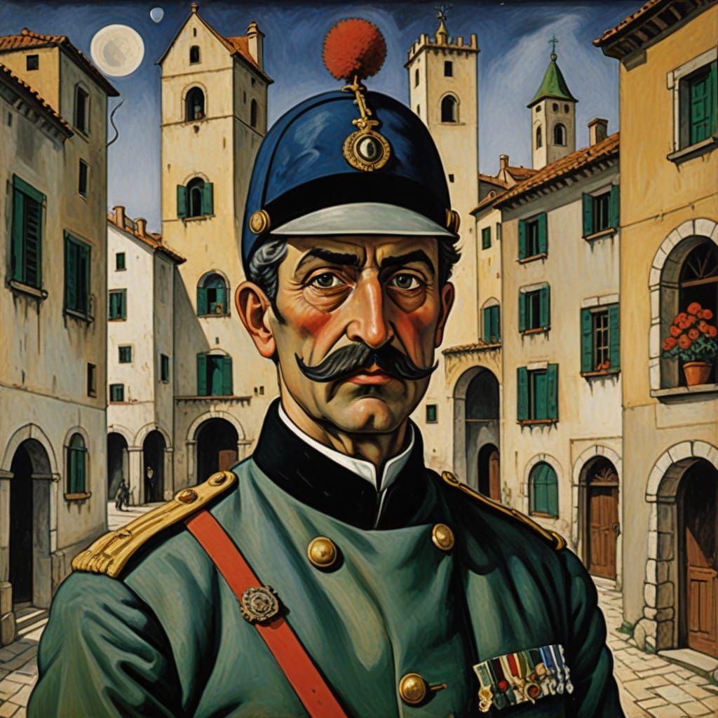 Surreal Italian Officer with Donkey Head in Metaphysical Art...