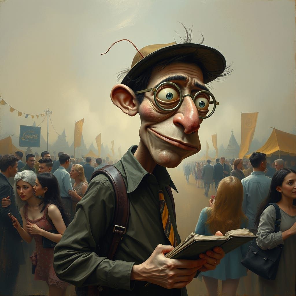 Surreal Journalist Amidst Whimsical Festival Painting