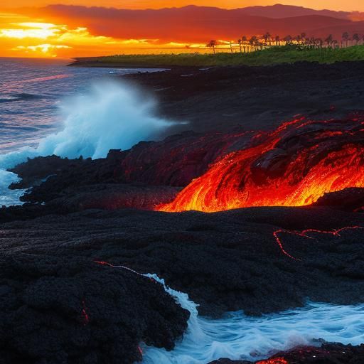Hawaiian Sunset: Lava Flowing into the Ocean