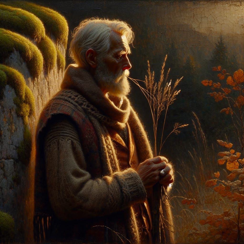 Contemplative Elderly Man in Autumnal Setting as Oil Paintin...