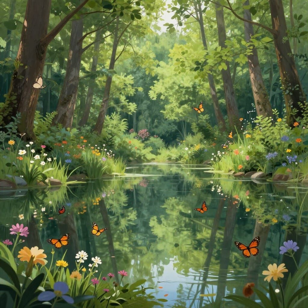 Serene Spring Forest Reflected in Glassy Lake