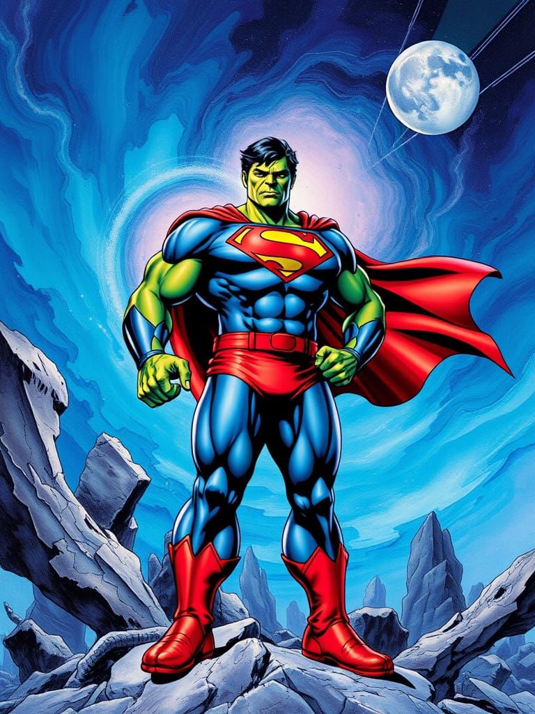 Surrealist Hulk in Superhero Regalia, Set Against Psychedeli...