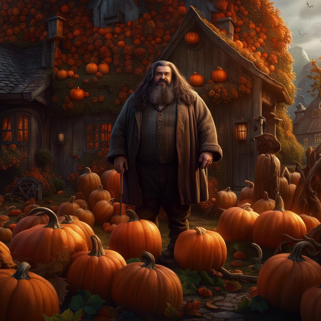 Hagrid in Pumpkin Garden: Detailed Matte Painting