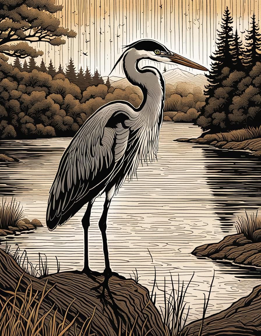 Heron by River: Woodcut-Style Comic Art